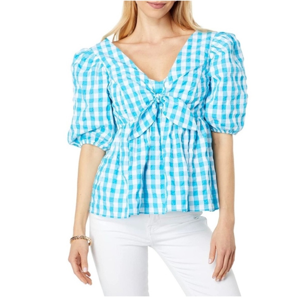 Lilly Pulitzer Sarafina Puff Balloon Sleeve Smocked Crinkle Gingham Babydoll Top